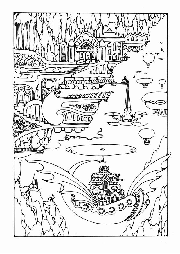 Disegno da colorare cittA  fantastica con veicoli